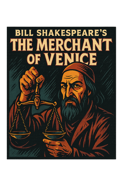A retro, edgy graphic of a visual representation of a key theme and character from william shakespeare's the merchant of venice – a t-shirt design