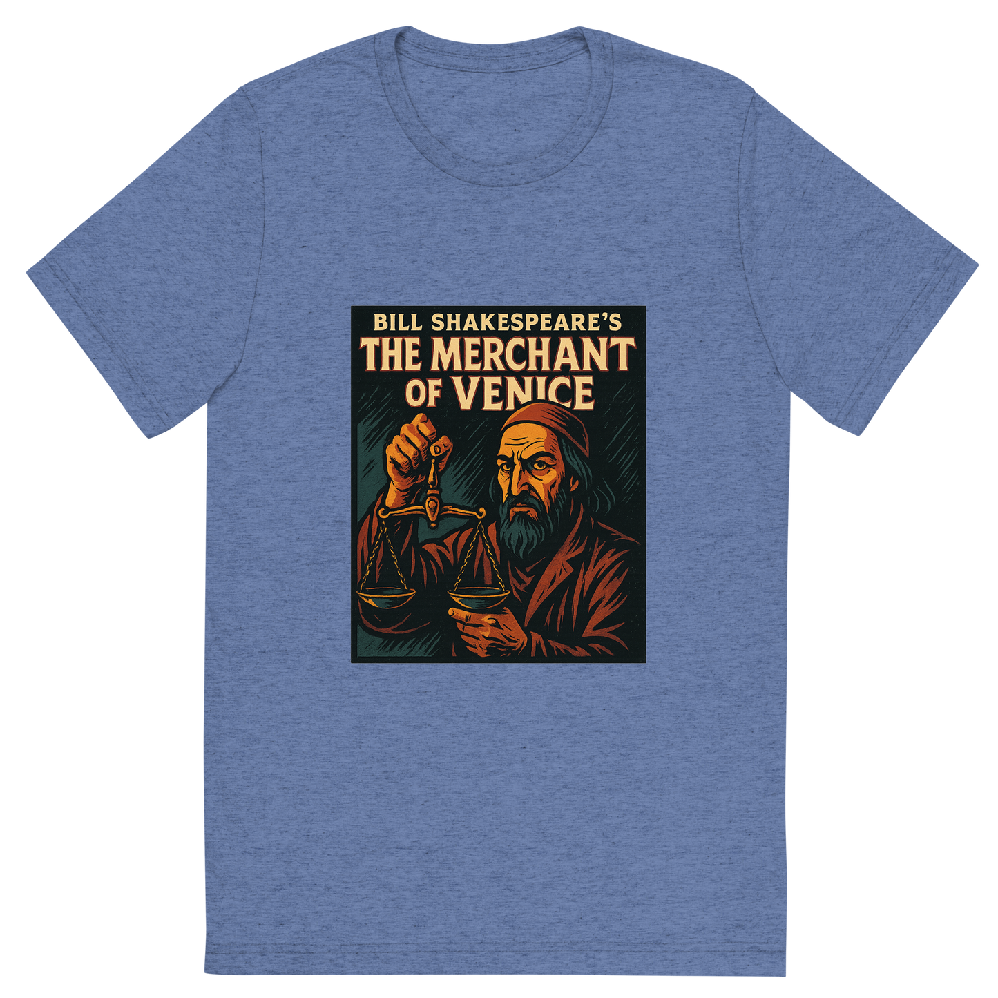 Front view of a Premium Tri-Blend Crew Neck T-Shirt in Blue showing 'A retro, edgy graphic of a visual representation of a key theme and character from william shakespeare's the merchant of venice'