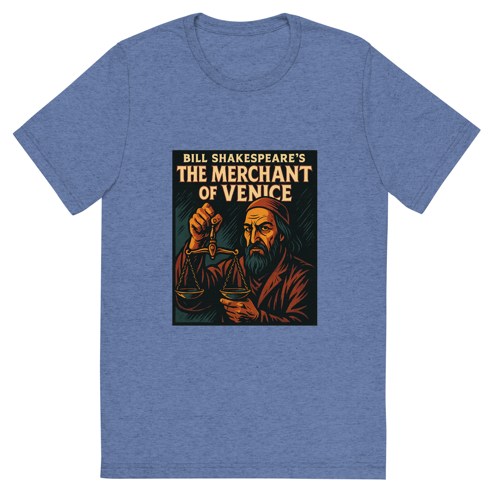 Front view of a Premium Tri-Blend Crew Neck T-Shirt in Blue showing 'A retro, edgy graphic of a visual representation of a key theme and character from william shakespeare's the merchant of venice'