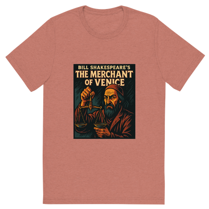 Front view of a Premium Tri-Blend Crew Neck T-Shirt in Mauve showing 'A retro, edgy graphic of a visual representation of a key theme and character from william shakespeare's the merchant of venice'