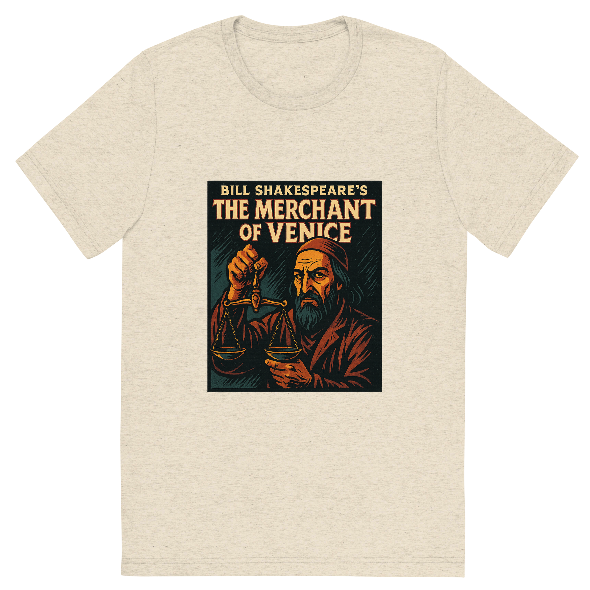 Front view of a Premium Tri-Blend Crew Neck T-Shirt in Oatmeal showing 'A retro, edgy graphic of a visual representation of a key theme and character from william shakespeare's the merchant of venice'