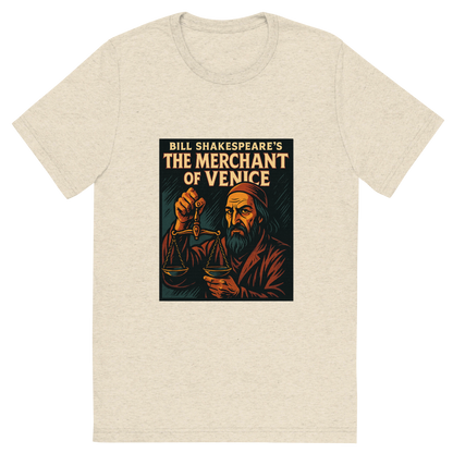 Front view of a Premium Tri-Blend Crew Neck T-Shirt in Oatmeal showing 'A retro, edgy graphic of a visual representation of a key theme and character from william shakespeare's the merchant of venice'