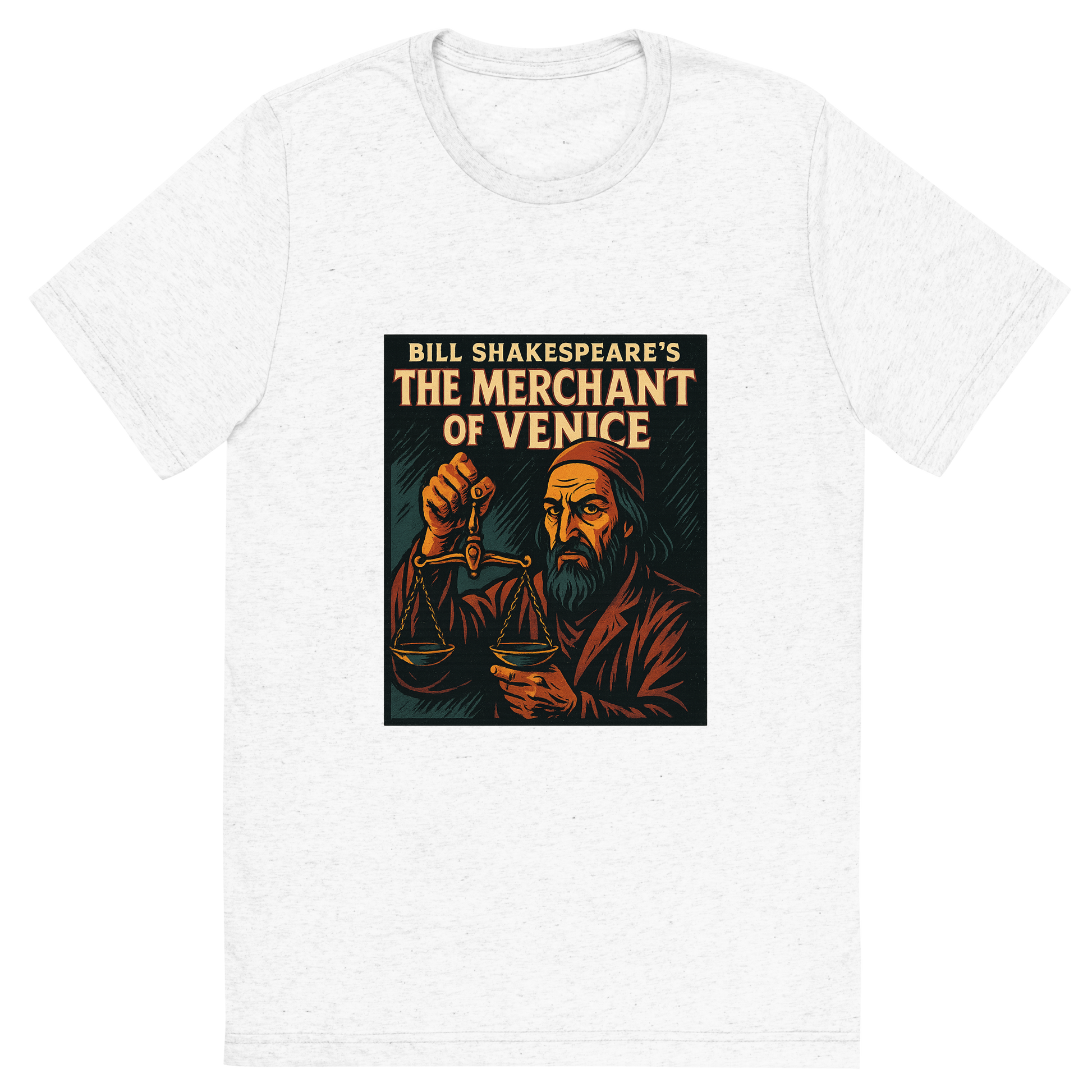 Front view of a Premium Tri-Blend Crew Neck T-Shirt in Solid White showing 'A retro, edgy graphic of a visual representation of a key theme and character from william shakespeare's the merchant of venice'
