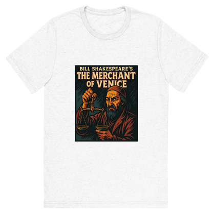 Front view of a Premium Tri-Blend Crew Neck T-Shirt in Solid White showing 'A retro, edgy graphic of a visual representation of a key theme and character from william shakespeare's the merchant of venice'