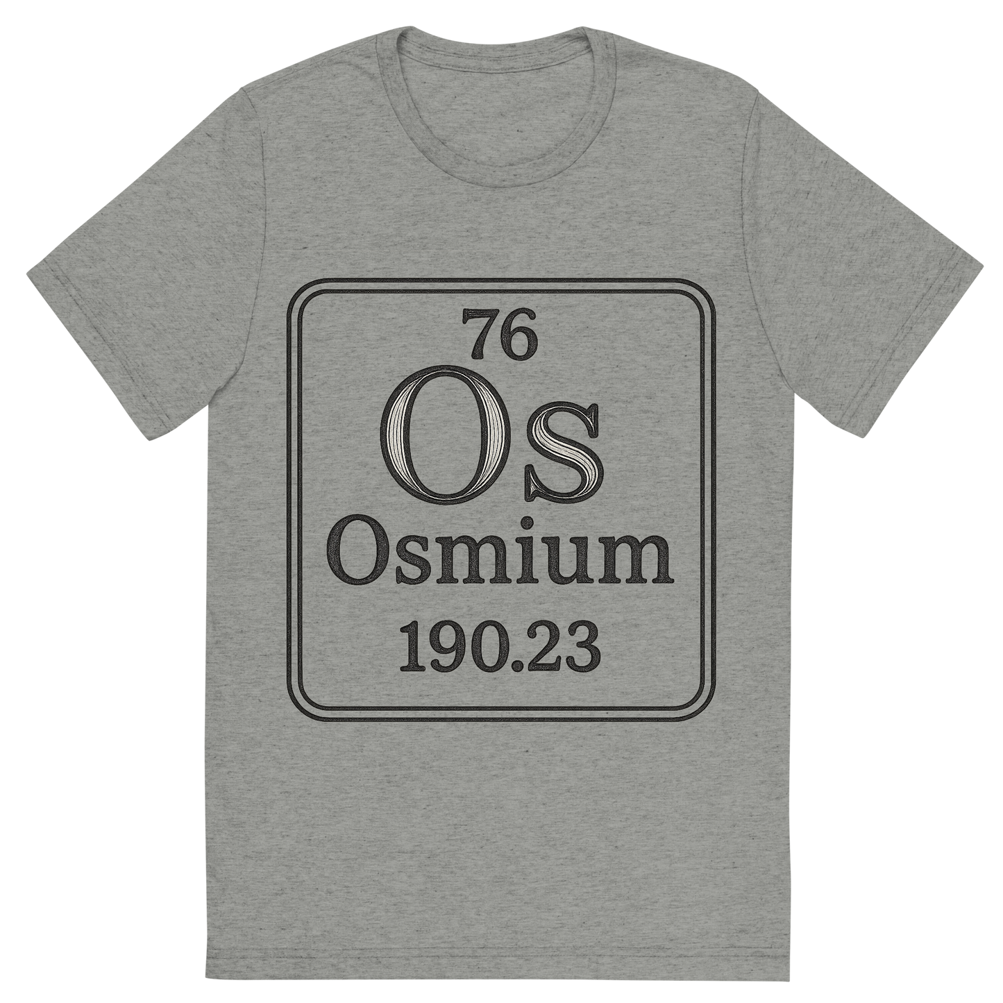 Front view of a Premium Tri-Blend Crew Neck T-Shirt in Athletic Grey showing 'A line art, nostalgic graphic of osmium's entry on the periodic table, use a dark color for the lines and text'