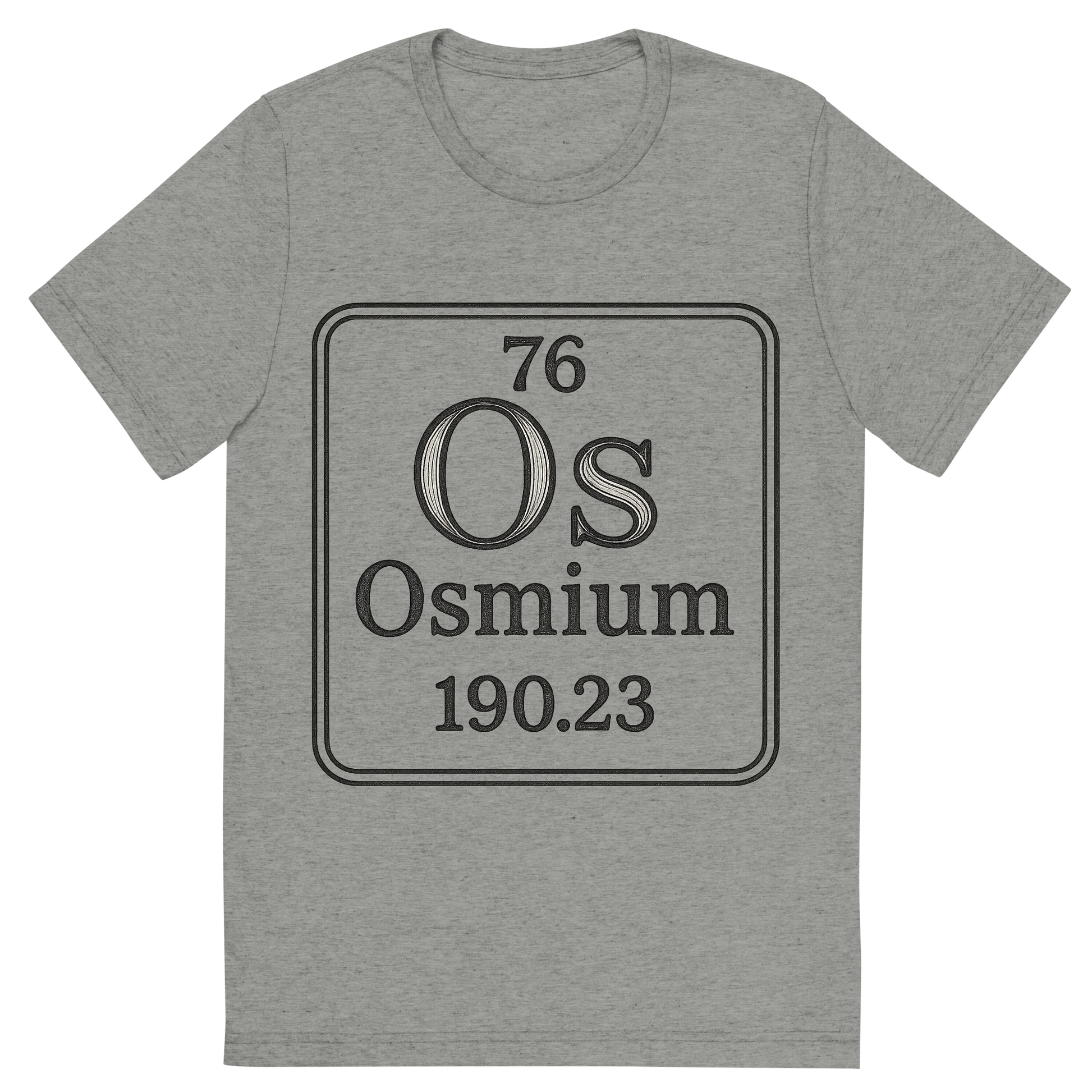 Front view of a Premium Tri-Blend Crew Neck T-Shirt in Athletic Grey showing 'A line art, nostalgic graphic of osmium's entry on the periodic table, use a dark color for the lines and text'