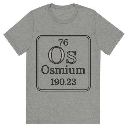 Front view of a Premium Tri-Blend Crew Neck T-Shirt in Athletic Grey showing 'A line art, nostalgic graphic of osmium's entry on the periodic table, use a dark color for the lines and text'
