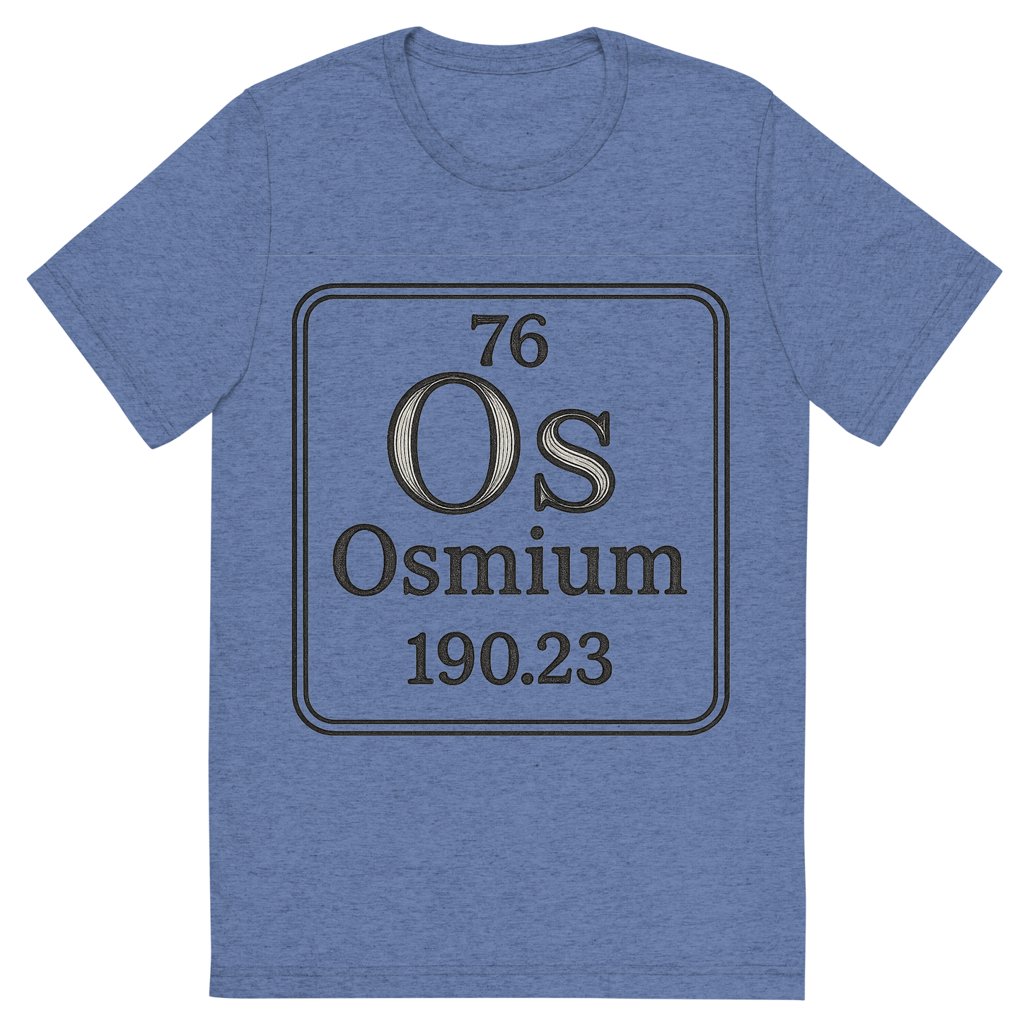 Front view of a Premium Tri-Blend Crew Neck T-Shirt in Blue showing 'A line art, nostalgic graphic of osmium's entry on the periodic table, use a dark color for the lines and text'