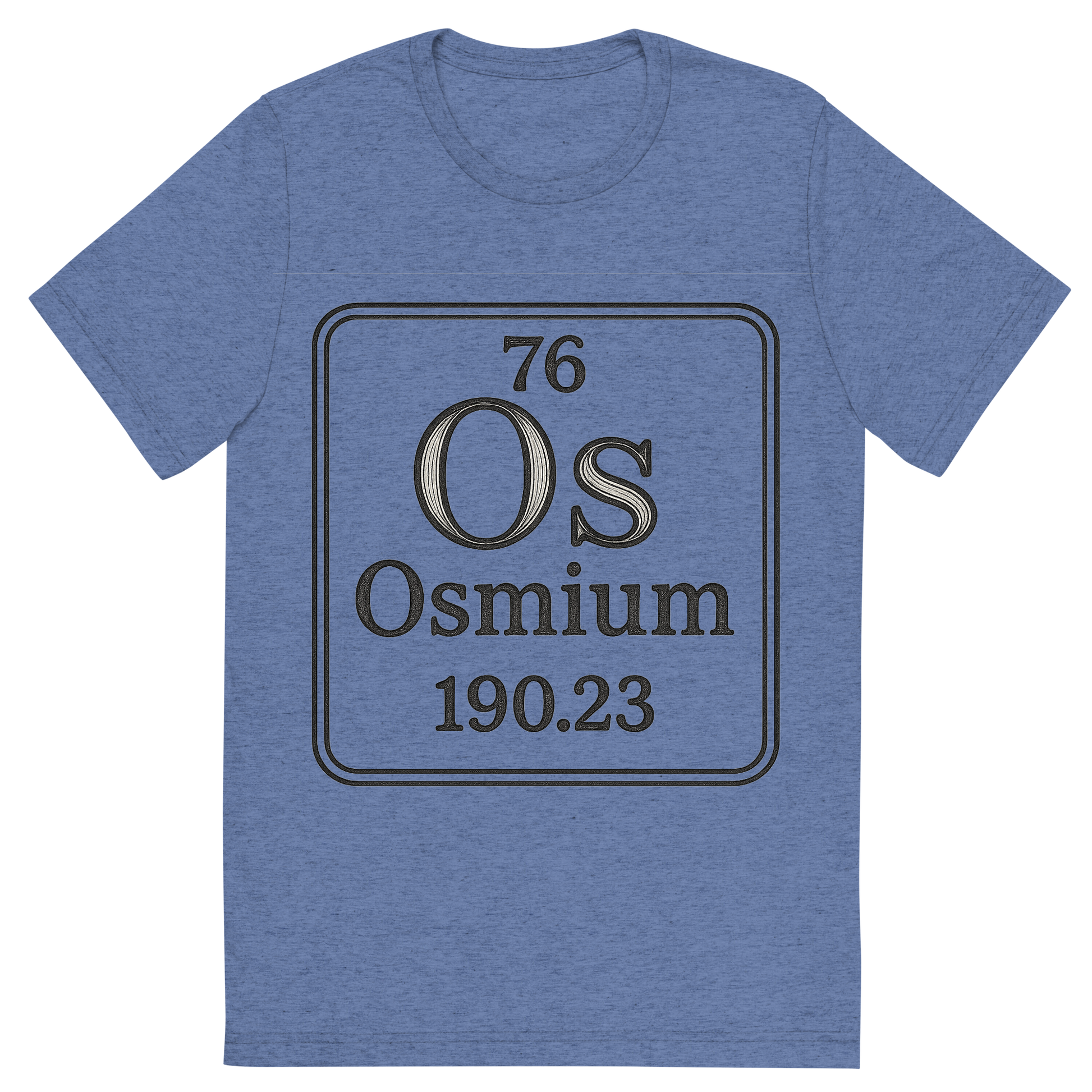 Front view of a Premium Tri-Blend Crew Neck T-Shirt in Blue showing 'A line art, nostalgic graphic of osmium's entry on the periodic table, use a dark color for the lines and text'