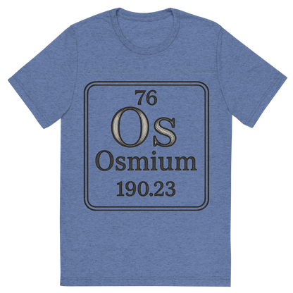 Front view of a Premium Tri-Blend Crew Neck T-Shirt in Blue showing 'A line art, nostalgic graphic of osmium's entry on the periodic table, use a dark color for the lines and text'