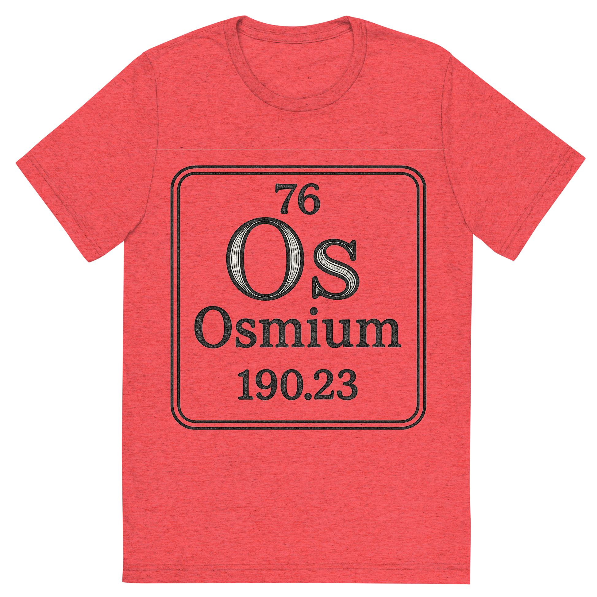 Front view of a Premium Tri-Blend Crew Neck T-Shirt in Red showing 'A line art, nostalgic graphic of osmium's entry on the periodic table, use a dark color for the lines and text'