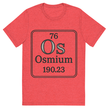 Front view of a Premium Tri-Blend Crew Neck T-Shirt in Red showing 'A line art, nostalgic graphic of osmium's entry on the periodic table, use a dark color for the lines and text'