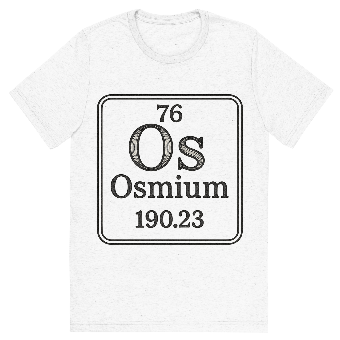 Front view of a Premium Tri-Blend Crew Neck T-Shirt in Solid White showing 'A line art, nostalgic graphic of osmium's entry on the periodic table, use a dark color for the lines and text'