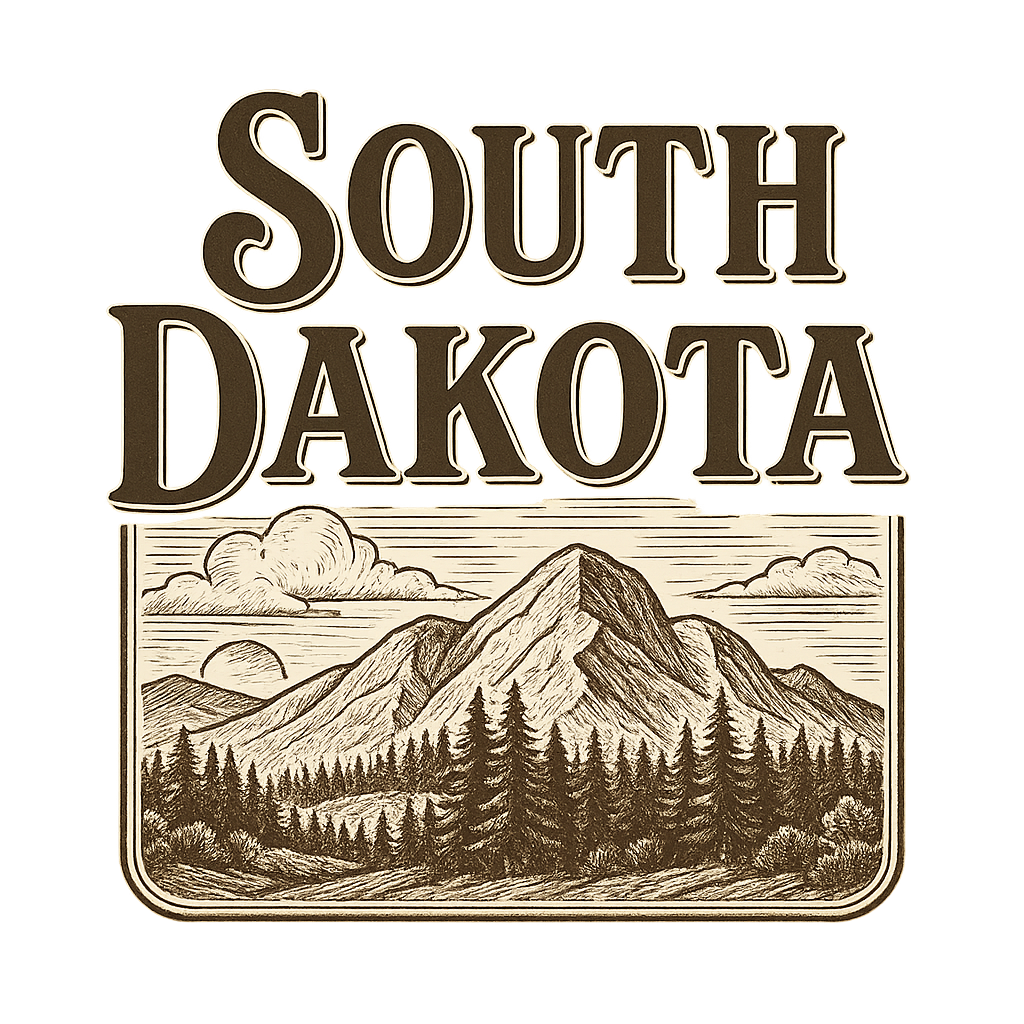 A typographic, nostalgic graphic of the words 'south dakota' with a vintage line art drawing of the black hills – a t-shirt design