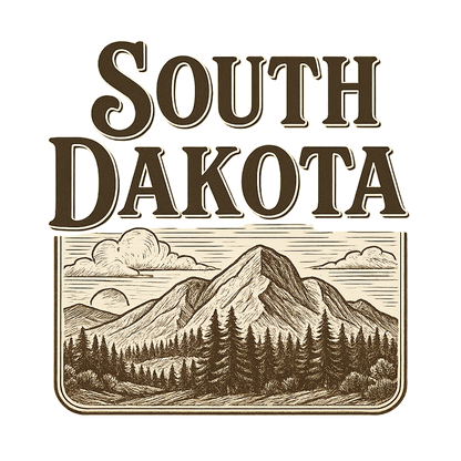 A typographic, nostalgic graphic of the words 'south dakota' with a vintage line art drawing of the black hills – a t-shirt design