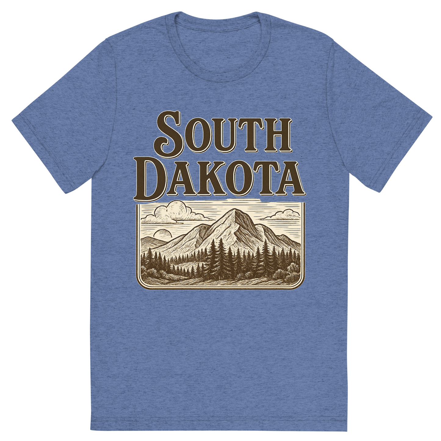 Front view of a Premium Tri-Blend Crew Neck T-Shirt in Blue showing 'A typographic, nostalgic graphic of a typographic illustration of the words 'south dakota' with a vintage line art drawing of the black hills'