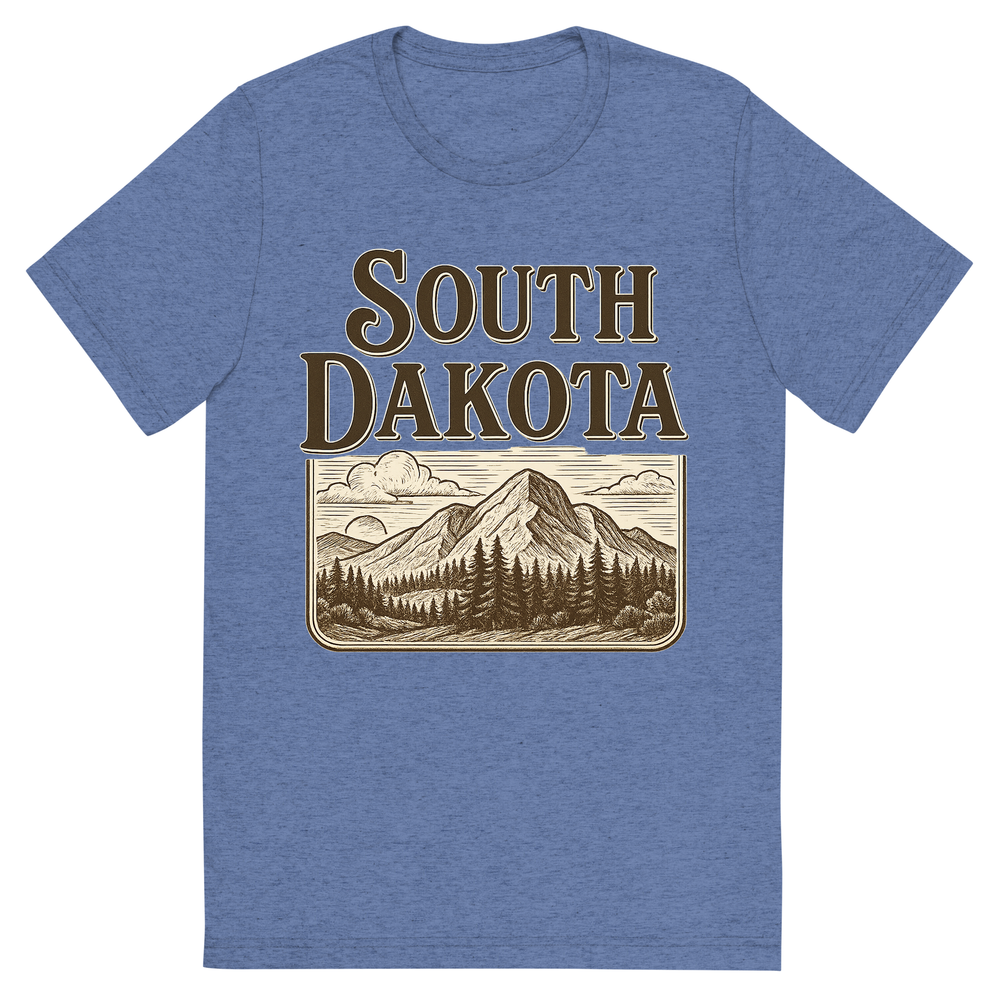 Front view of a Premium Tri-Blend Crew Neck T-Shirt in Blue showing 'A typographic, nostalgic graphic of a typographic illustration of the words 'south dakota' with a vintage line art drawing of the black hills'