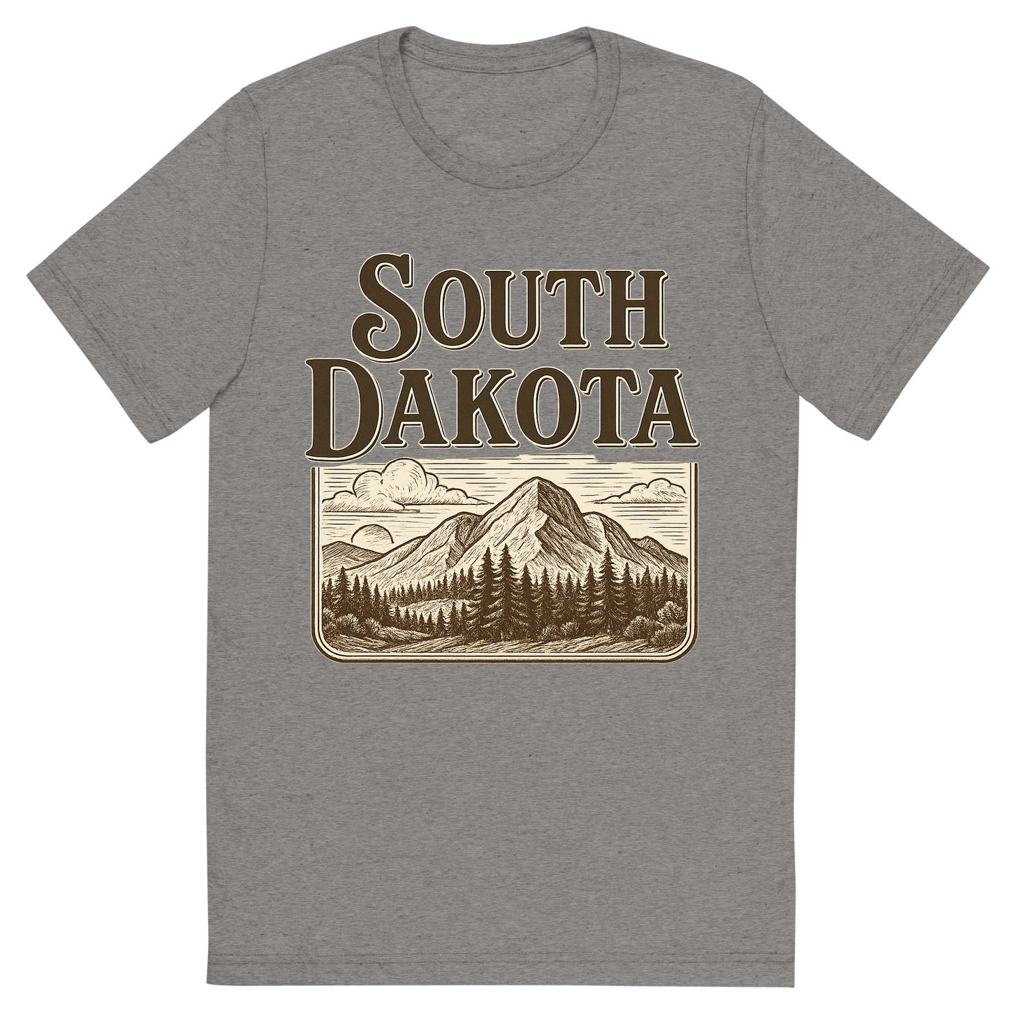 Front view of a Premium Tri-Blend Crew Neck T-Shirt in Grey showing 'A typographic, nostalgic graphic of a typographic illustration of the words 'south dakota' with a vintage line art drawing of the black hills'