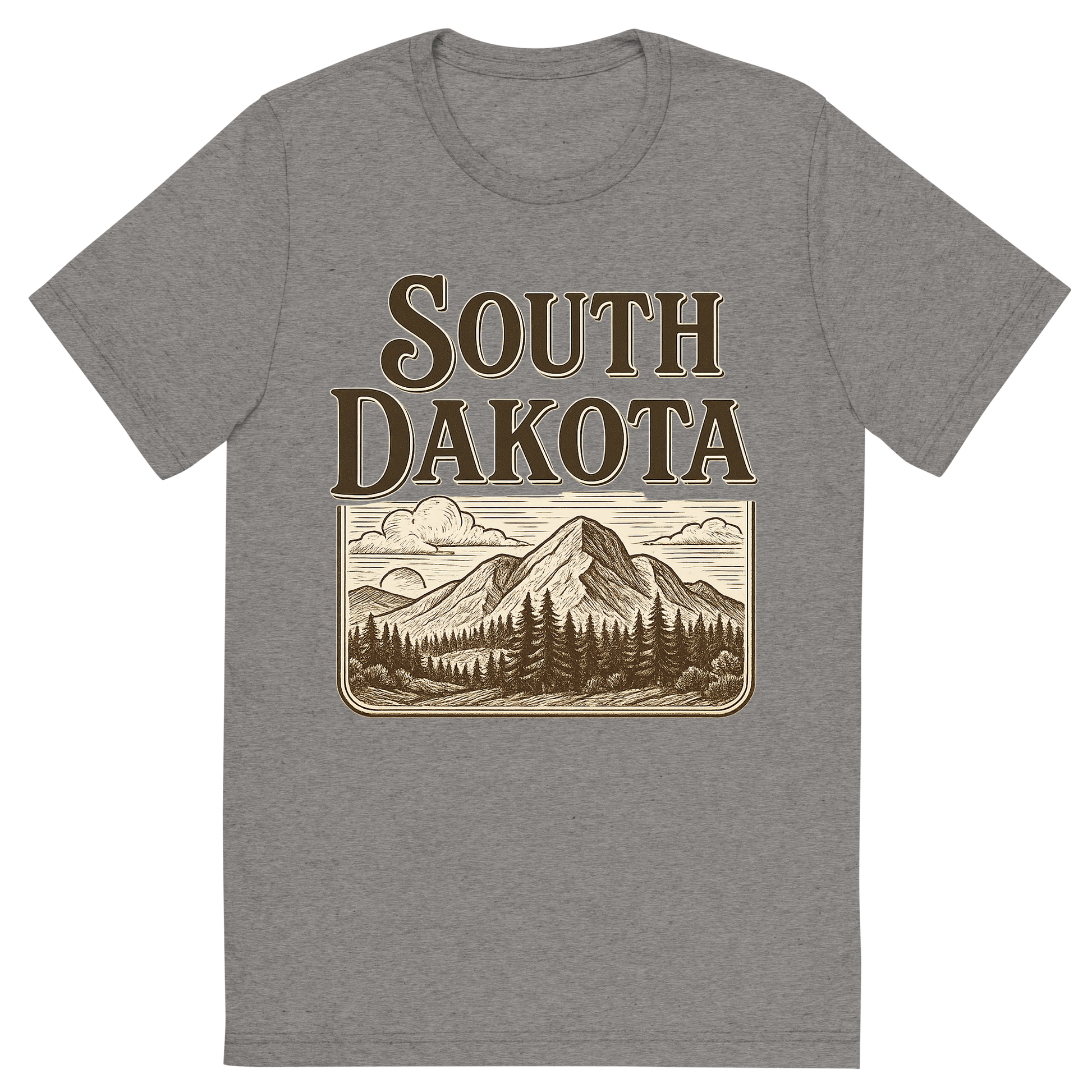 Front view of a Premium Tri-Blend Crew Neck T-Shirt in Grey showing 'A typographic, nostalgic graphic of a typographic illustration of the words 'south dakota' with a vintage line art drawing of the black hills'