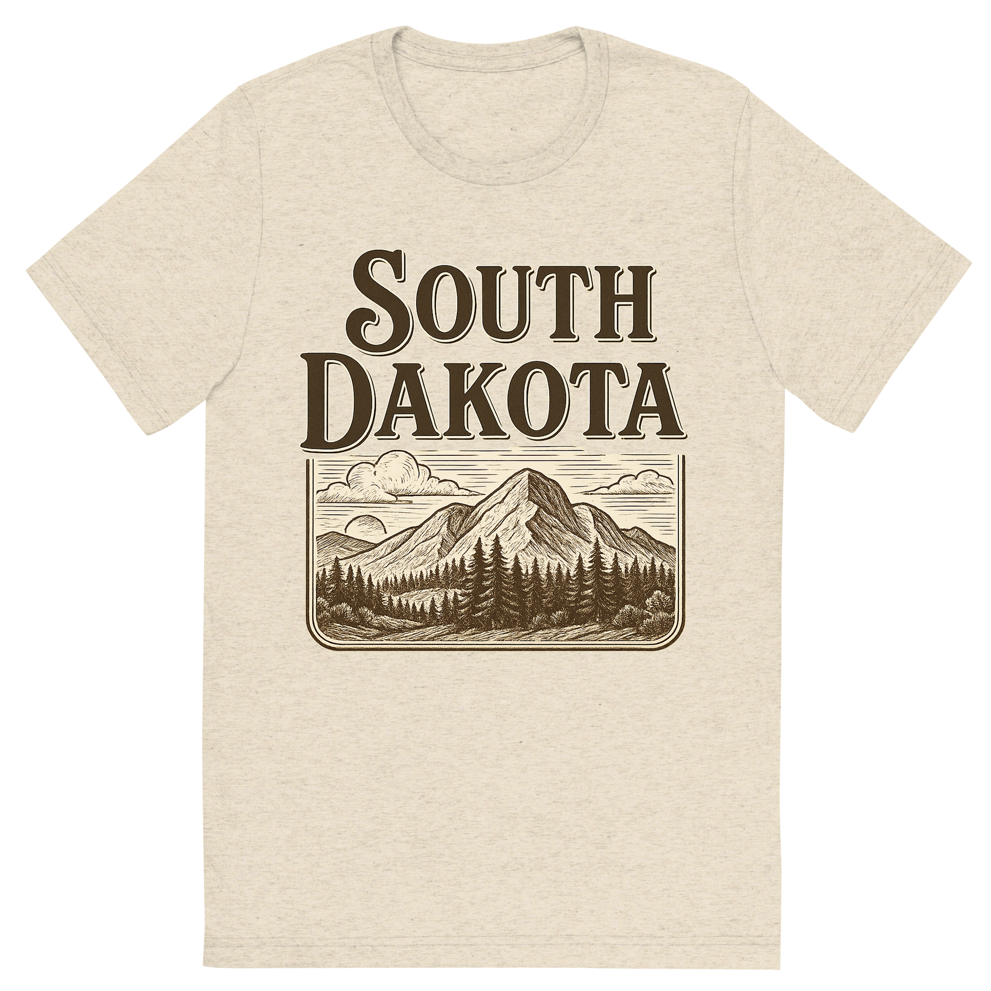 Front view of a Premium Tri-Blend Crew Neck T-Shirt in Oatmeal showing 'A typographic, nostalgic graphic of a typographic illustration of the words 'south dakota' with a vintage line art drawing of the black hills'