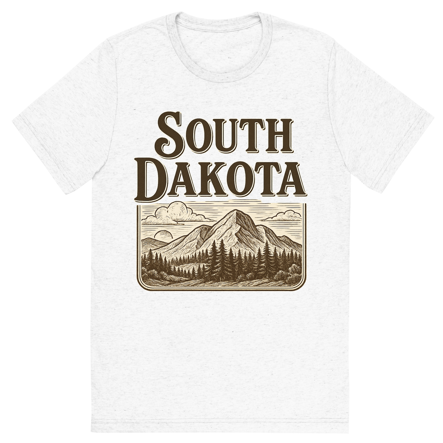 Front view of a Premium Tri-Blend Crew Neck T-Shirt in Solid White showing 'A typographic, nostalgic graphic of a typographic illustration of the words 'south dakota' with a vintage line art drawing of the black hills'