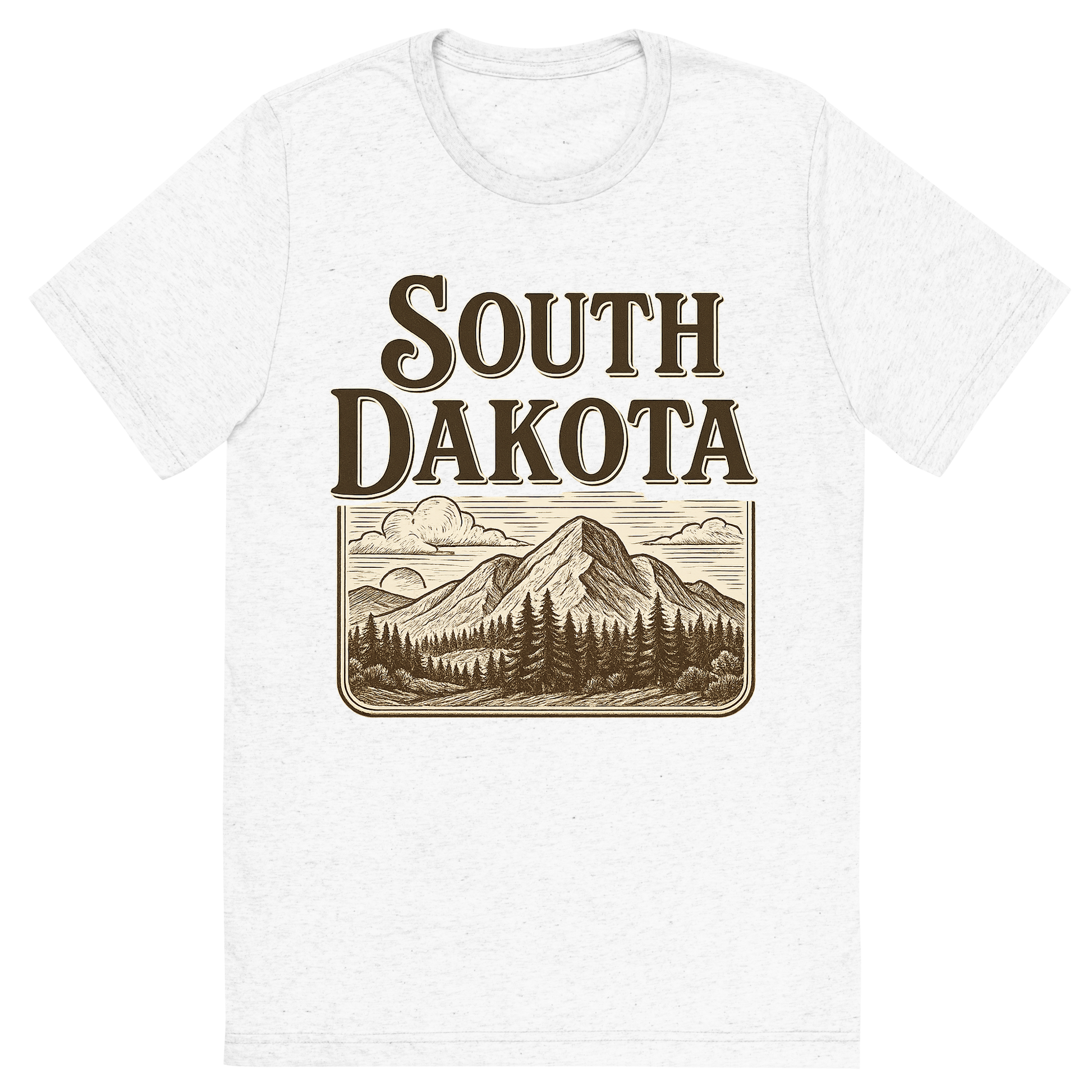 Front view of a Premium Tri-Blend Crew Neck T-Shirt in Solid White showing 'A typographic, nostalgic graphic of a typographic illustration of the words 'south dakota' with a vintage line art drawing of the black hills'
