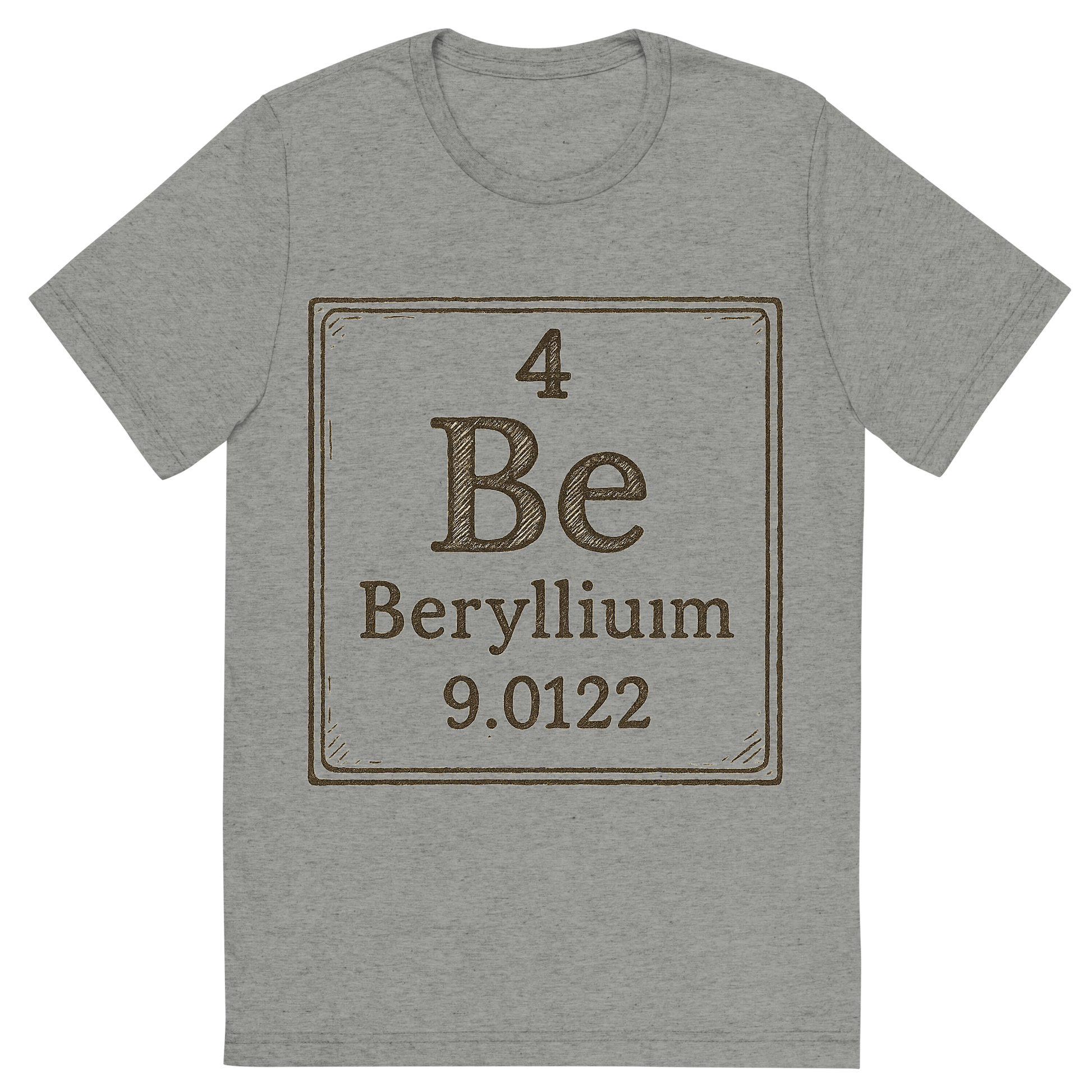 Front view of a Premium Tri-Blend Crew Neck T-Shirt in Athletic Grey showing 'A line art, nostalgic graphic of beryllium's entry on the periodic table, use a dark color for the lines and text'