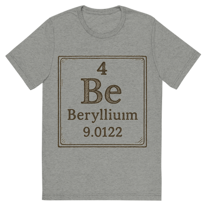 Front view of a Premium Tri-Blend Crew Neck T-Shirt in Athletic Grey showing 'A line art, nostalgic graphic of beryllium's entry on the periodic table, use a dark color for the lines and text'