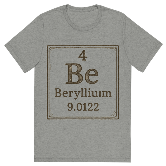 Front view of a Premium Tri-Blend Crew Neck T-Shirt in Athletic Grey showing 'A line art, nostalgic graphic of beryllium's entry on the periodic table, use a dark color for the lines and text'