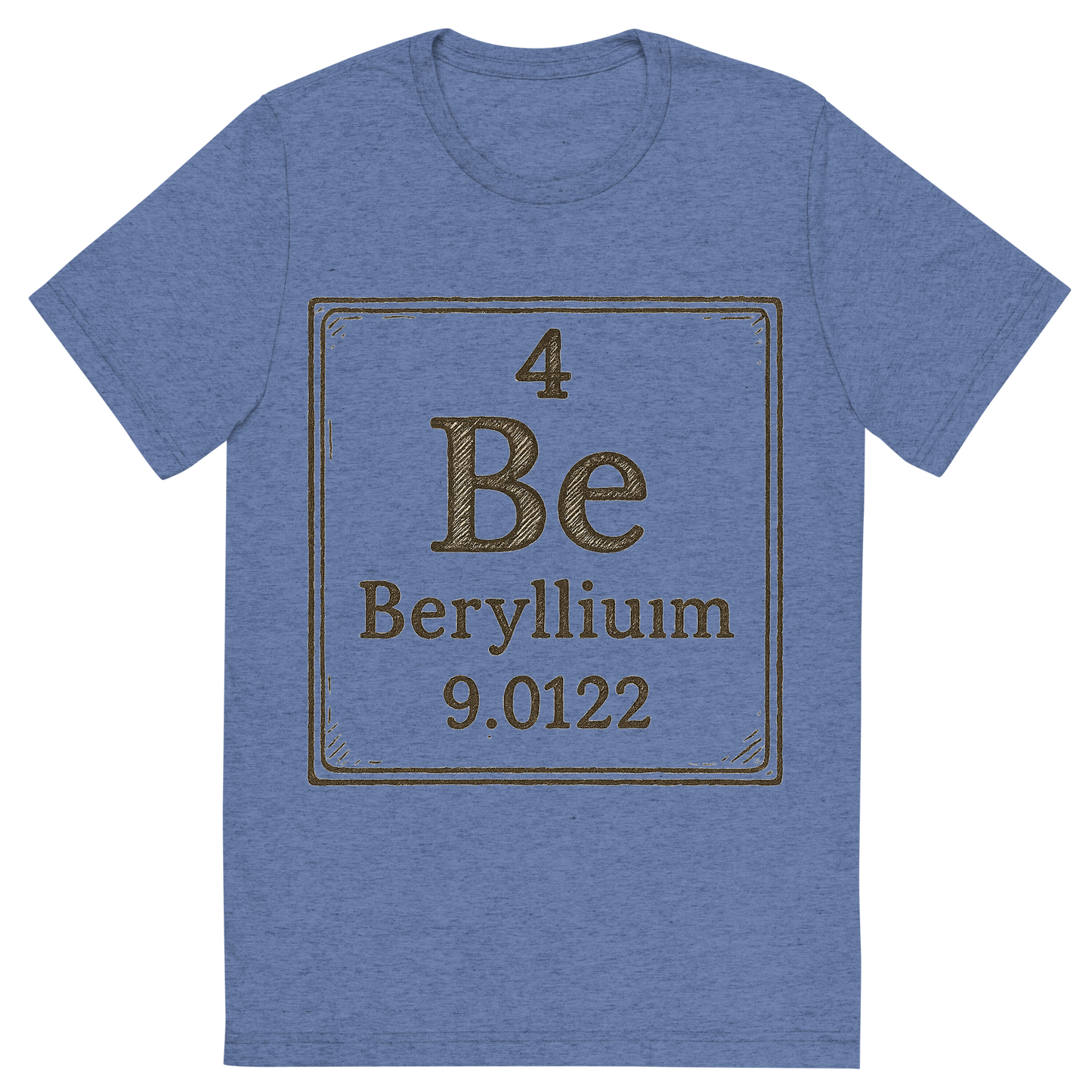 Front view of a Premium Tri-Blend Crew Neck T-Shirt in Blue showing 'A line art, nostalgic graphic of beryllium's entry on the periodic table, use a dark color for the lines and text'