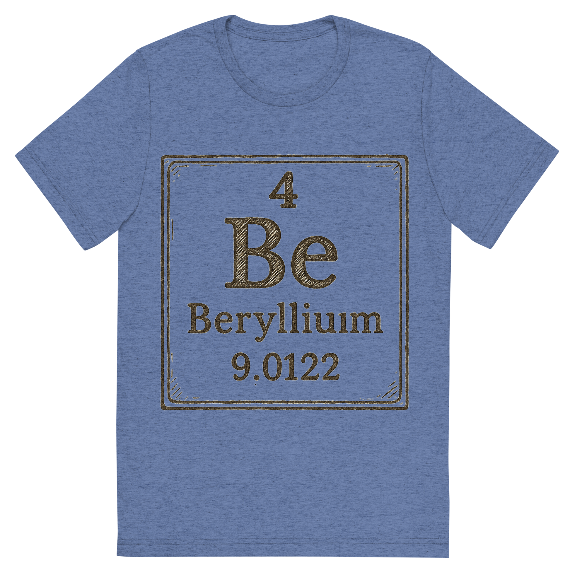 Front view of a Premium Tri-Blend Crew Neck T-Shirt in Blue showing 'A line art, nostalgic graphic of beryllium's entry on the periodic table, use a dark color for the lines and text'