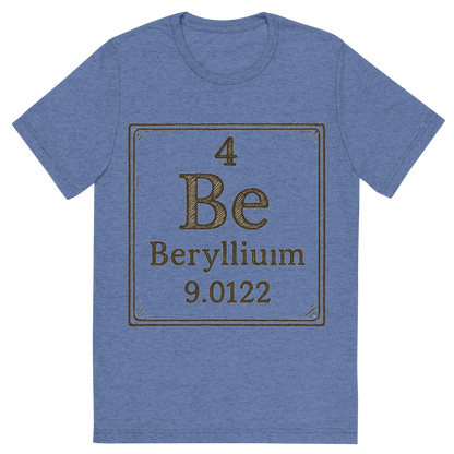 Front view of a Premium Tri-Blend Crew Neck T-Shirt in Blue showing 'A line art, nostalgic graphic of beryllium's entry on the periodic table, use a dark color for the lines and text'