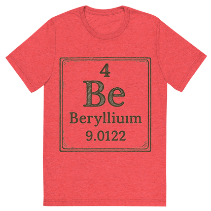 Front view of a Premium Tri-Blend Crew Neck T-Shirt in Red showing 'A line art, nostalgic graphic of beryllium's entry on the periodic table, use a dark color for the lines and text'