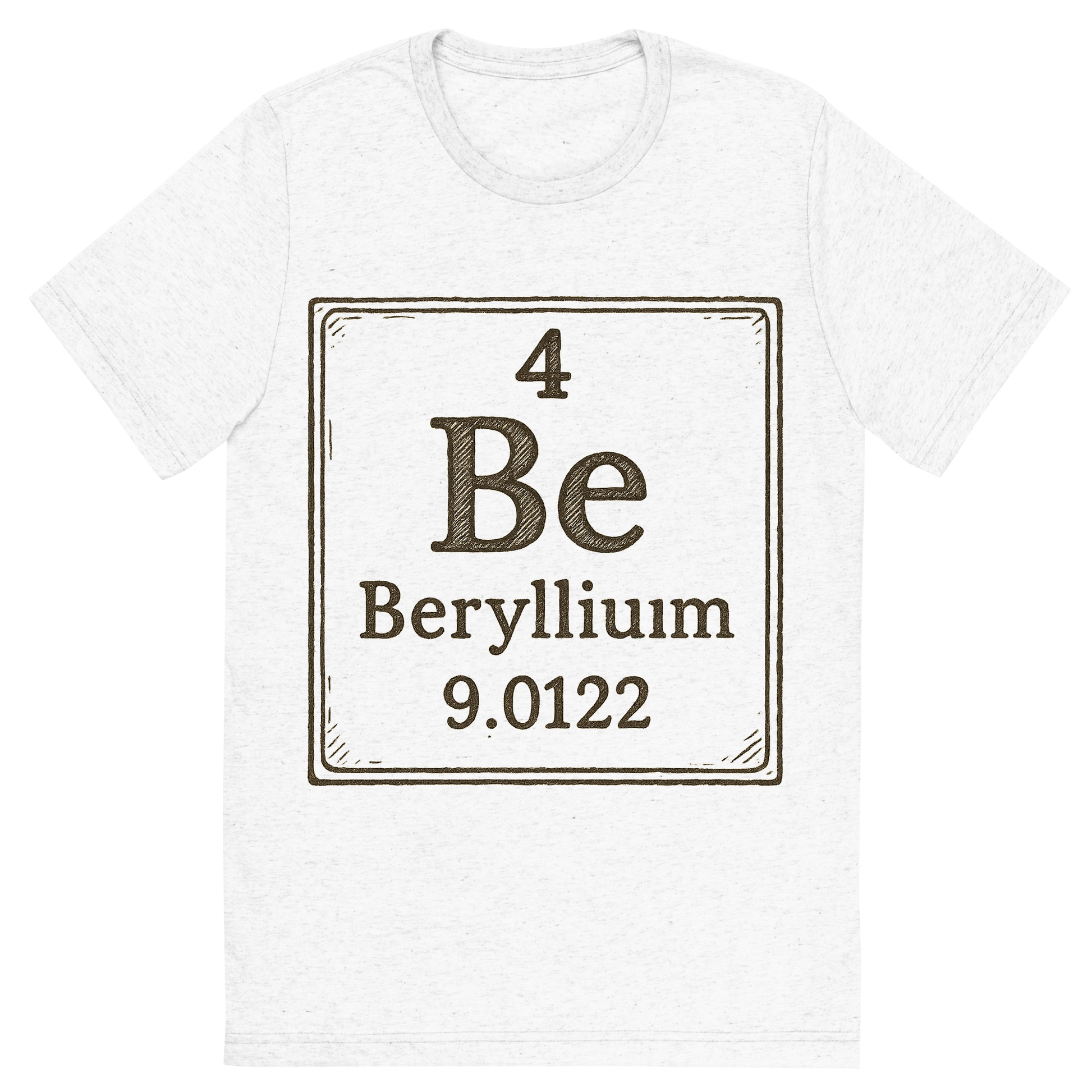 Front view of a Premium Tri-Blend Crew Neck T-Shirt in Solid White showing 'A line art, nostalgic graphic of beryllium's entry on the periodic table, use a dark color for the lines and text'