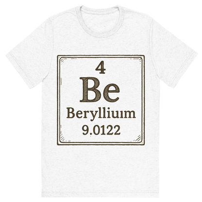Front view of a Premium Tri-Blend Crew Neck T-Shirt in Solid White showing 'A line art, nostalgic graphic of beryllium's entry on the periodic table, use a dark color for the lines and text'