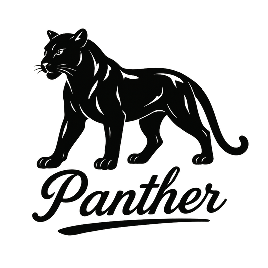 A flat, neutral graphic of a stylized panther silhouette with poised stance and glossy coat. “panther” is written below in cursive. black ink on white. – a t-shirt design
