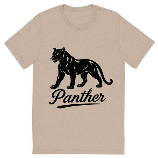 Front view of a Premium Tri-Blend Crew Neck T-Shirt in Tan showing 'A flat, neutral graphic of a stylized panther silhouette with poised stance and glossy coat. “panther” is written below in cursive. black ink on white.'