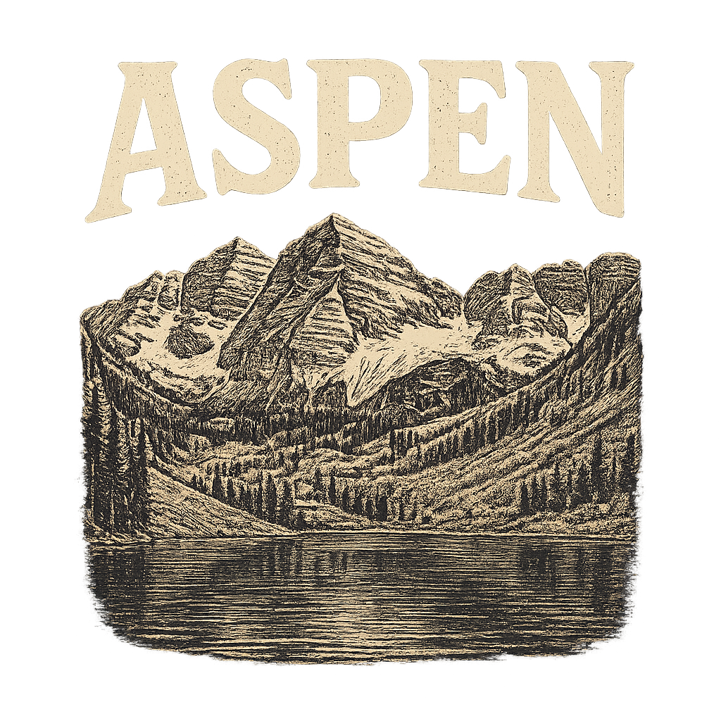 A typographic, nostalgic graphic of a typographic illustration of the words 'aspen' with a vintage line art drawing of the maroon bells – a t-shirt design