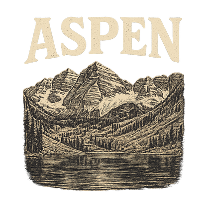 A typographic, nostalgic graphic of a typographic illustration of the words 'aspen' with a vintage line art drawing of the maroon bells – a t-shirt design
