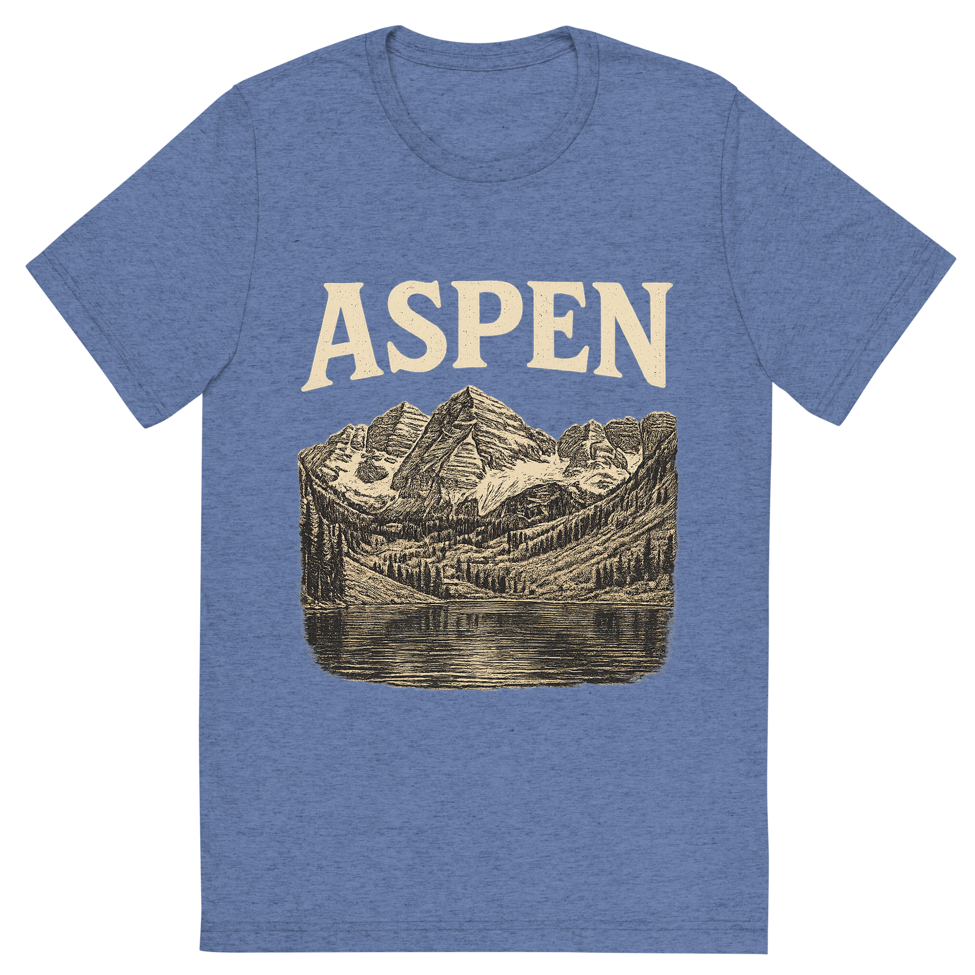 Front view of a Premium Tri-Blend Crew Neck T-Shirt in Blue showing 'A typographic, nostalgic graphic of a typographic illustration of the words 'aspen' with a vintage line art drawing of the maroon bells'