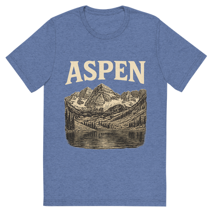 Front view of a Premium Tri-Blend Crew Neck T-Shirt in Blue showing 'A typographic, nostalgic graphic of a typographic illustration of the words 'aspen' with a vintage line art drawing of the maroon bells'