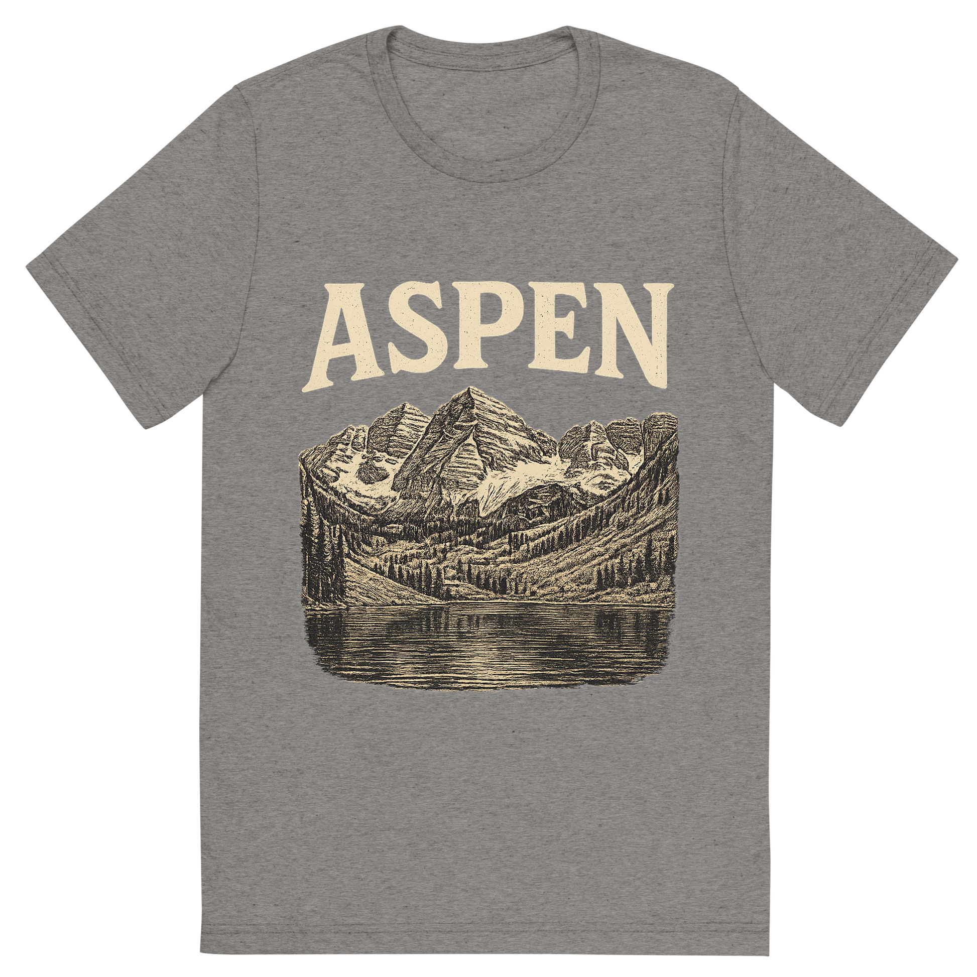 Front view of a Premium Tri-Blend Crew Neck T-Shirt in Grey showing 'A typographic, nostalgic graphic of a typographic illustration of the words 'aspen' with a vintage line art drawing of the maroon bells'