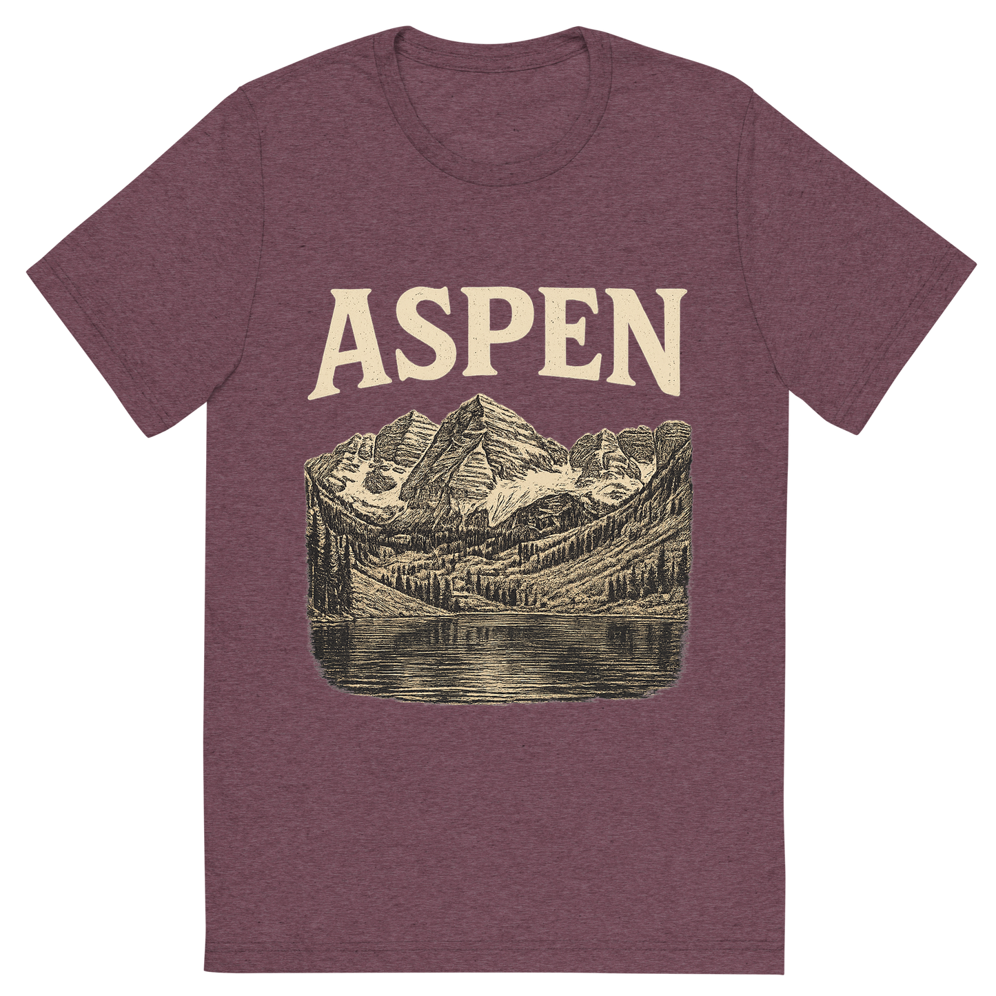 Front view of a Premium Tri-Blend Crew Neck T-Shirt in Maroon showing 'A typographic, nostalgic graphic of a typographic illustration of the words 'aspen' with a vintage line art drawing of the maroon bells'