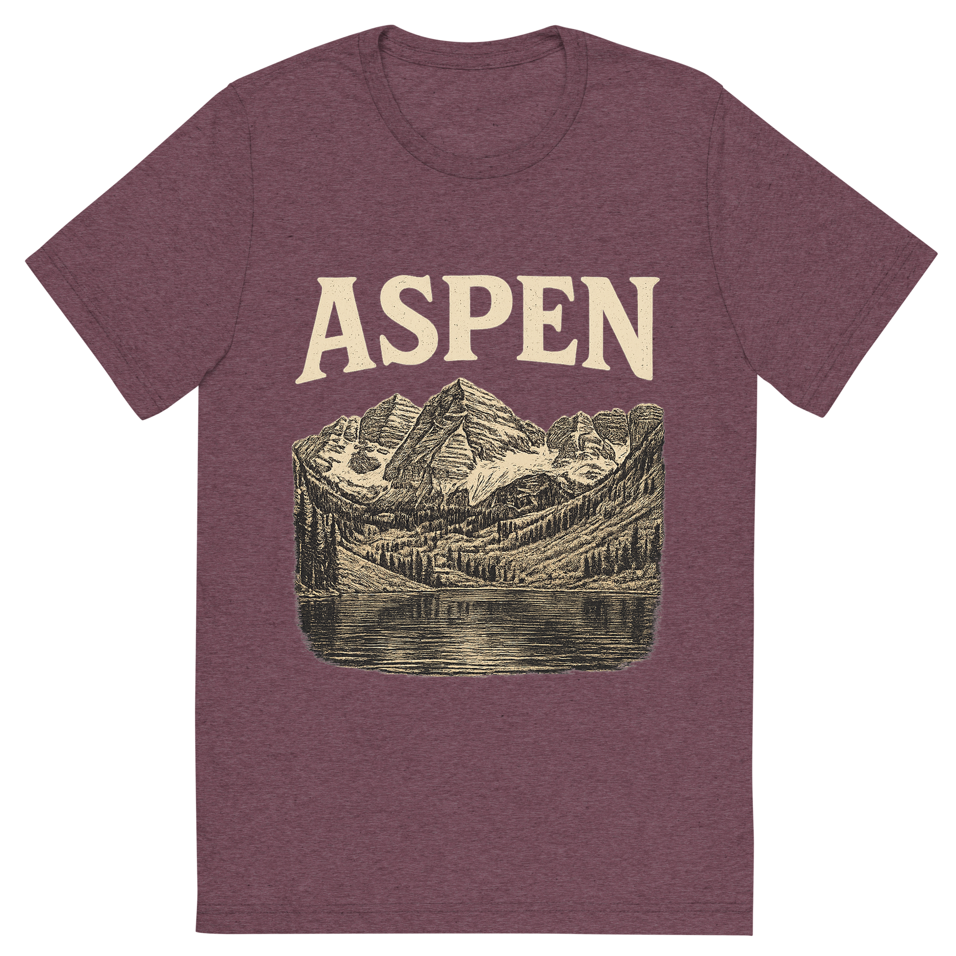 Front view of a Premium Tri-Blend Crew Neck T-Shirt in Maroon showing 'A typographic, nostalgic graphic of a typographic illustration of the words 'aspen' with a vintage line art drawing of the maroon bells'