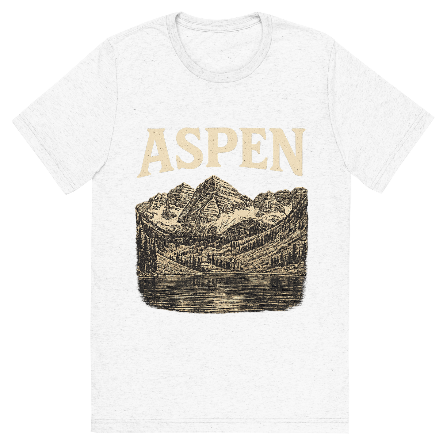 Front view of a Premium Tri-Blend Crew Neck T-Shirt in Solid White showing 'A typographic, nostalgic graphic of a typographic illustration of the words 'aspen' with a vintage line art drawing of the maroon bells'