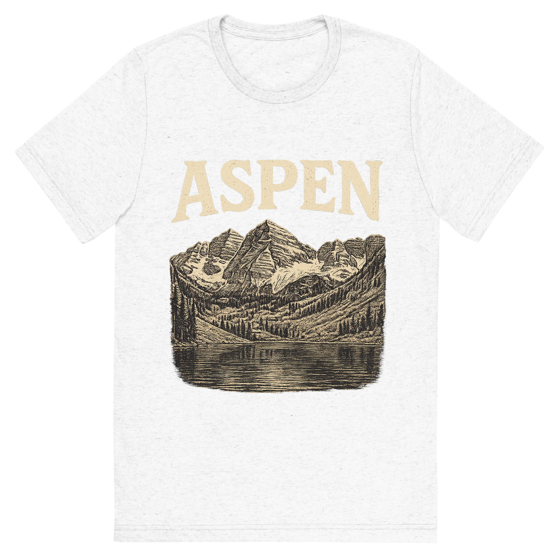Front view of a Premium Tri-Blend Crew Neck T-Shirt in Solid White showing 'A typographic, nostalgic graphic of a typographic illustration of the words 'aspen' with a vintage line art drawing of the maroon bells'