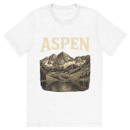 Front view of a Premium Tri-Blend Crew Neck T-Shirt in Solid White showing 'A typographic, nostalgic graphic of a typographic illustration of the words 'aspen' with a vintage line art drawing of the maroon bells'