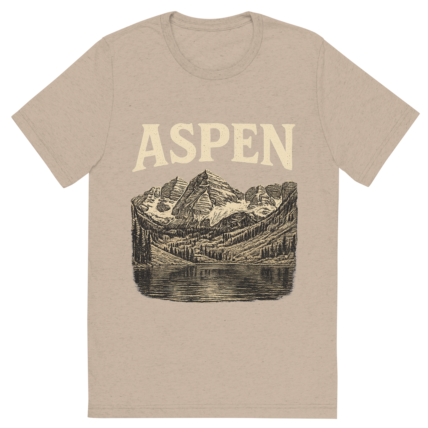 Front view of a Premium Tri-Blend Crew Neck T-Shirt in Tan showing 'A typographic, nostalgic graphic of a typographic illustration of the words 'aspen' with a vintage line art drawing of the maroon bells'