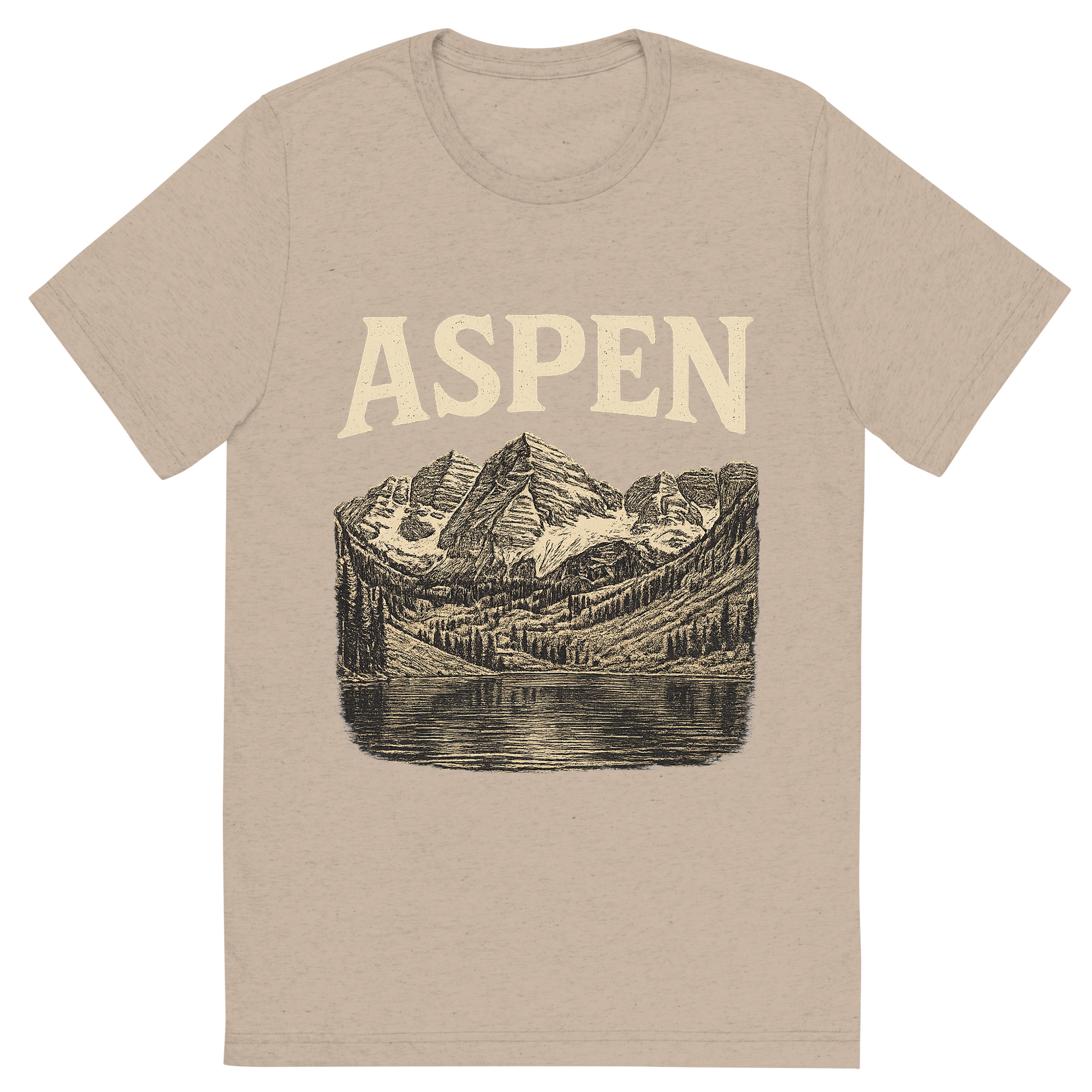 Front view of a Premium Tri-Blend Crew Neck T-Shirt in Tan showing 'A typographic, nostalgic graphic of a typographic illustration of the words 'aspen' with a vintage line art drawing of the maroon bells'