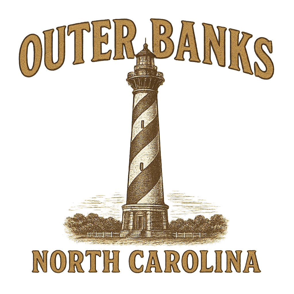 A typographic, nostalgic graphic of a typographic illustration of the words 'outer banks, north carolina' with a vintage line art drawing of the cape hatteras lighthouse – a t-shirt design